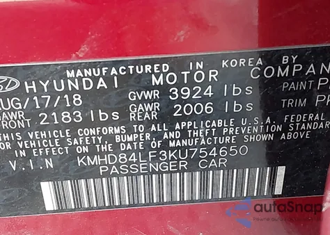 2019 Hyundai Elantra Limited z USA, uszkodzony, nr VIN KMHD84LF3KU754650